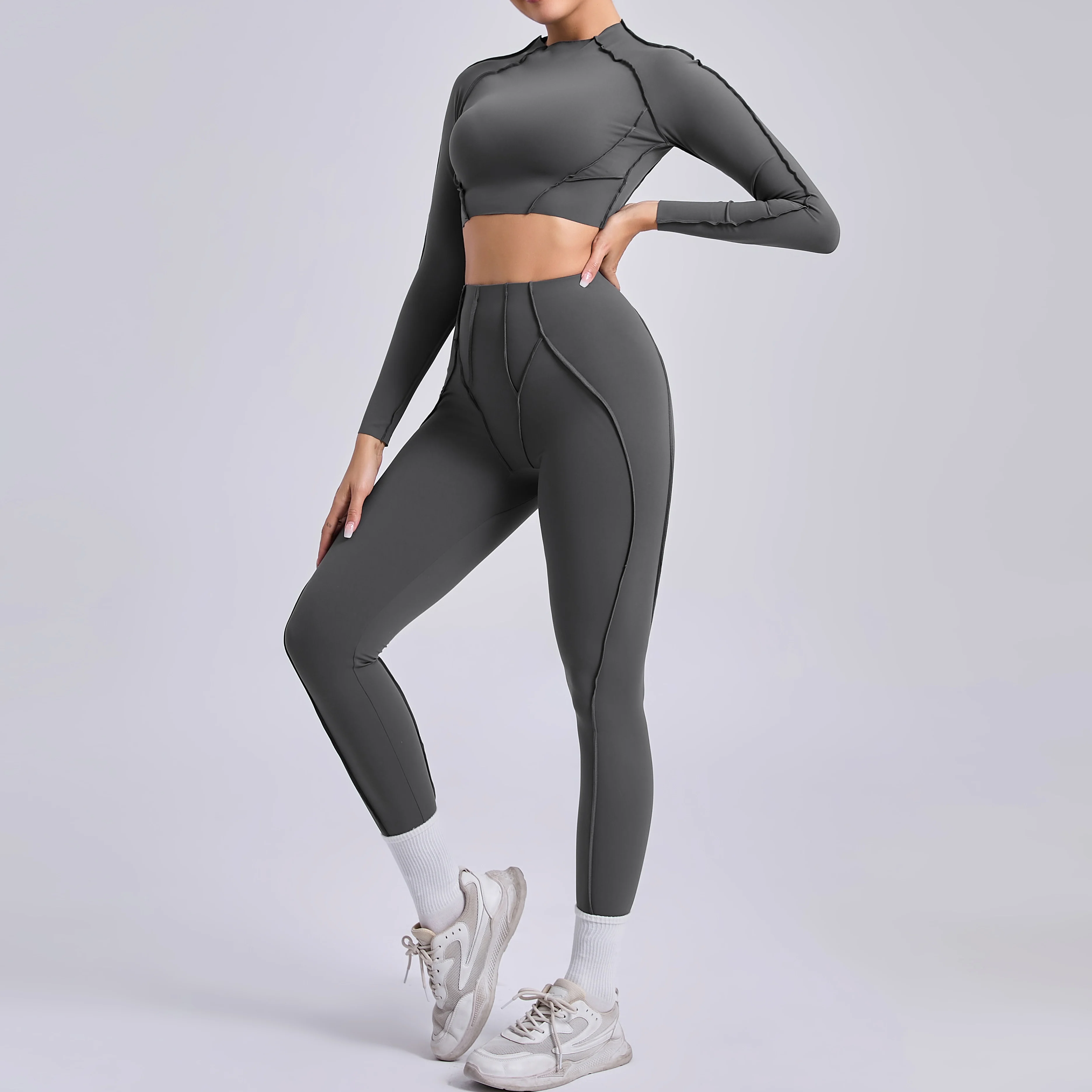 Sportswear Yoga Set Women's Workout Clothes Athletic Wear Sports Gym Legging Seamless Fitness Bra Crop Top Long Sleeve Yoga Suit