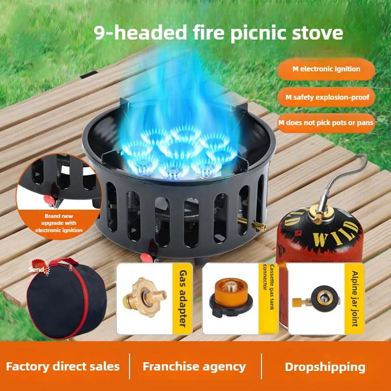 21000W Camping Stove 9 Core High-Power Strong Fire Tourist Gas Burner Portable Windproof Electronic Ignition Camping Equipment
