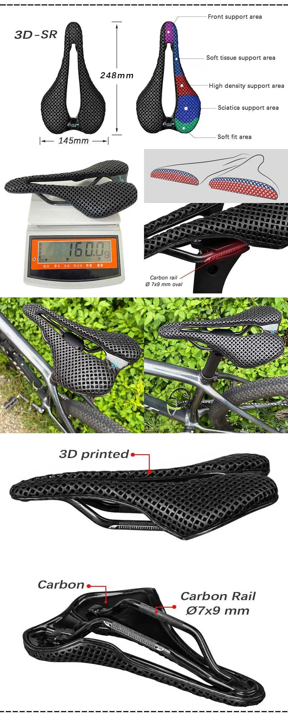 Elitaone 3D Printed Carbon Saddle 245x145mm Ultralight 160g Cycling Seat Triathlon Road MTB Mountain Gravel Bike Accessories