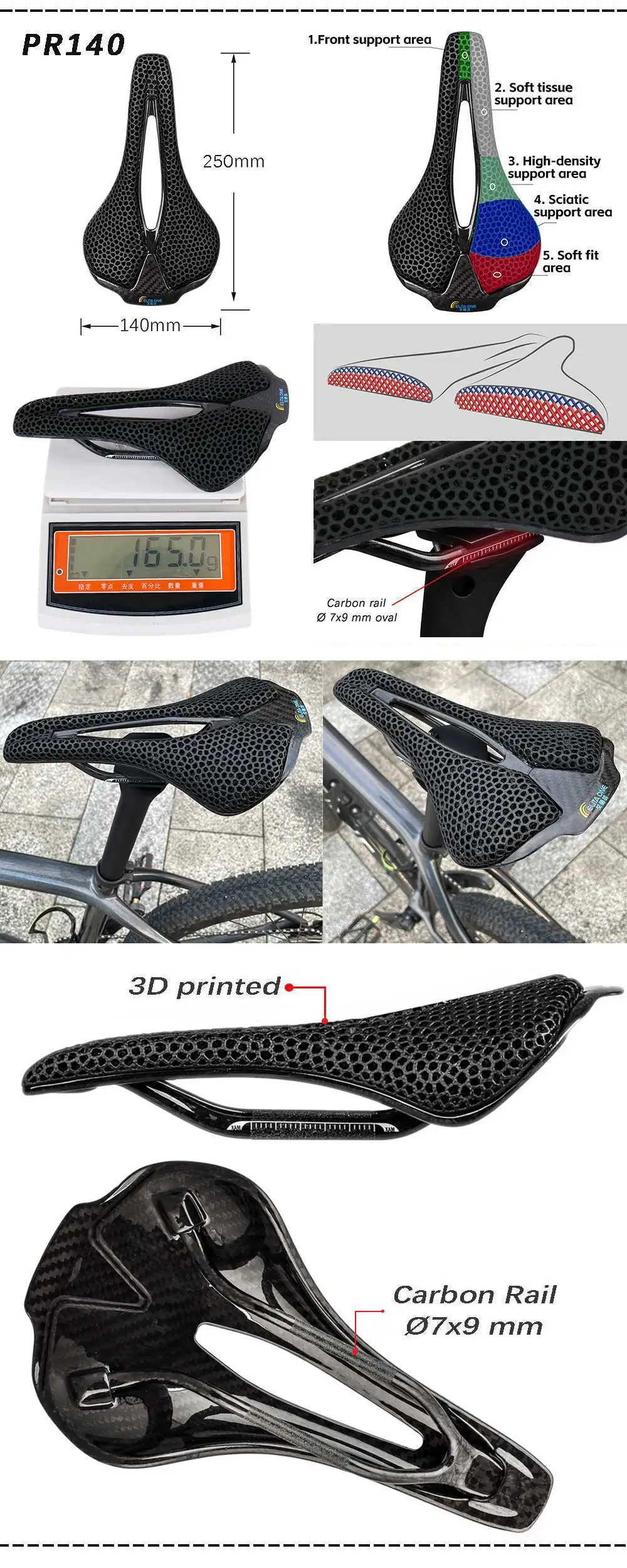 Elitaone 3D Printed Carbon Saddle 245x145mm Ultralight 160g Cycling Seat Triathlon Road MTB Mountain Gravel Bike Accessories