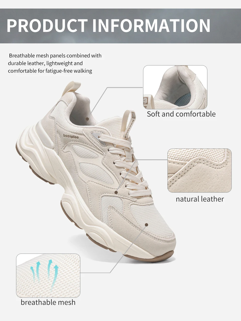 Baasploa Women Casual Sneakers Comfort Leather Walking Shoes for Women Solid Color Fashion Sport Shoes Non-Slip Height Increase