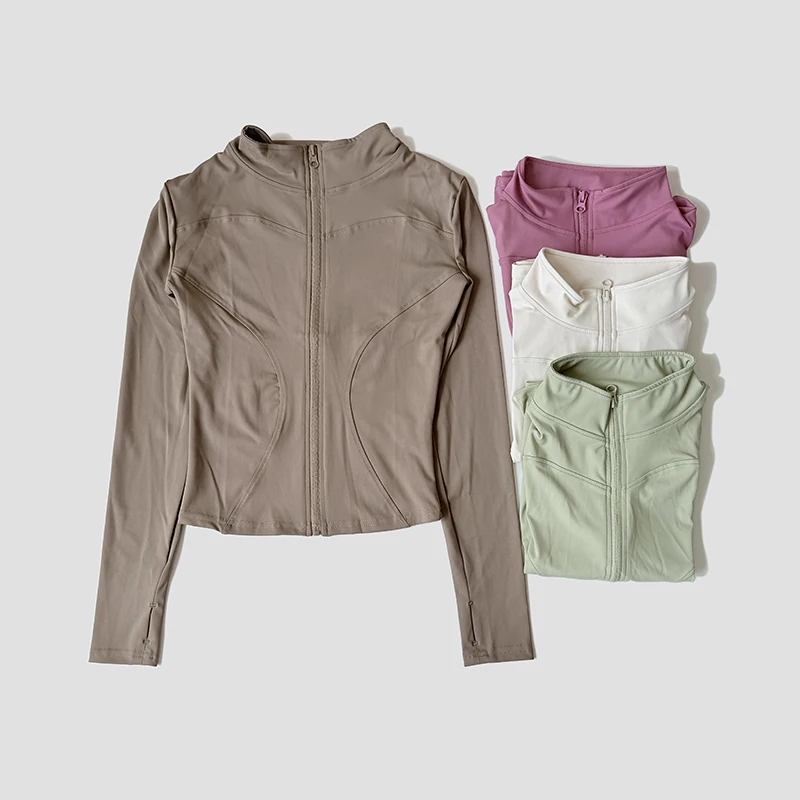 Women Slim Yoga Clothes Quick Dry Zipper Cardigan Stand Up Collar Jacket Outdoor Long Sleeved Running Fitness Sports Top