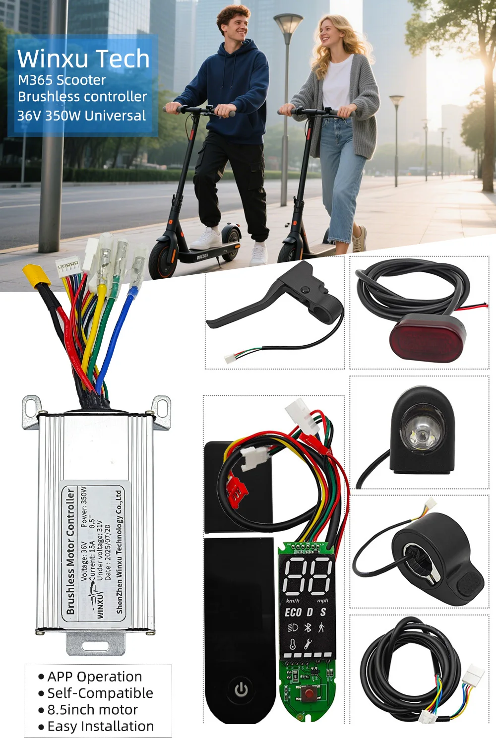 36V 350W 15A Electric Scooter Brushless Motor Universal Controller LED Dashboard Display Throttle Kit for Xiaomi M365 E-Scooter