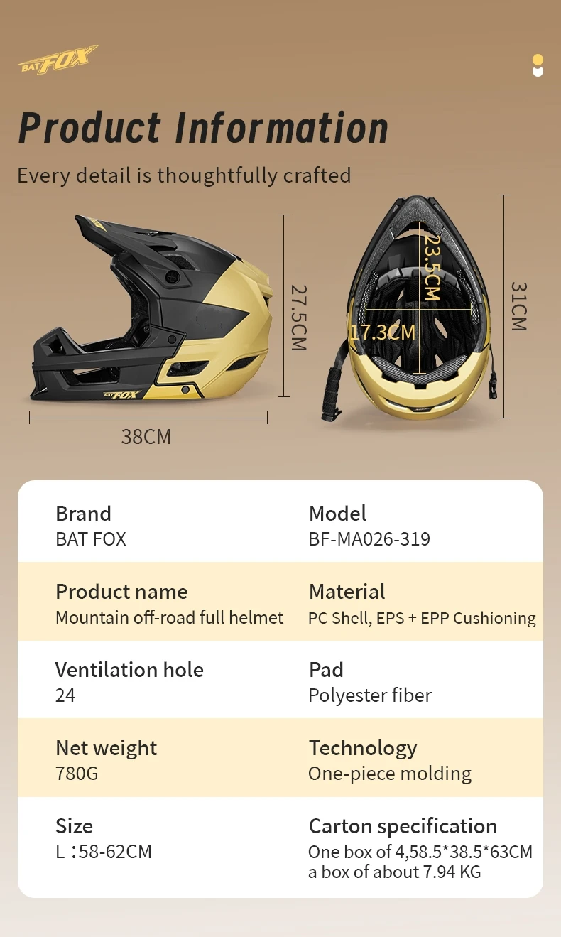 BATFOX Full Face Bike Helmet Men Women Downhill Off-road Cycling Motorcycle Outdoor Sports Protection Safety MTB Bicycle Helmets
