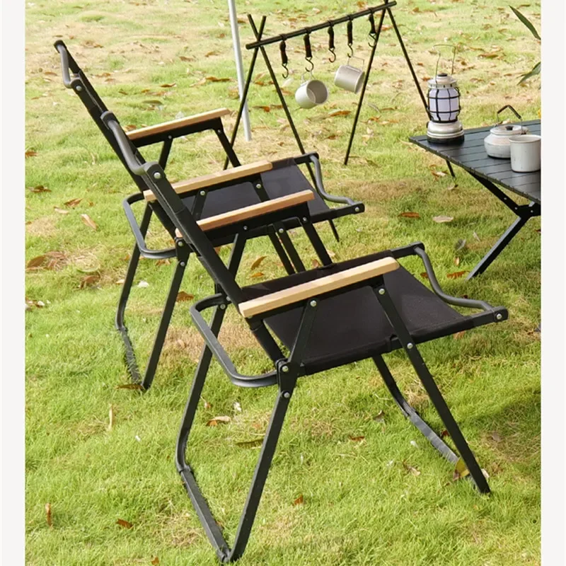2PCS-khaki Camping Chair Portable Outdoor Chair Aluminum Alloy Wood Grain Folding Chair Camping Equipment Kermit Chair