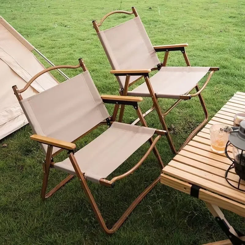 2PCS-khaki Camping Chair Portable Outdoor Chair Aluminum Alloy Wood Grain Folding Chair Camping Equipment Kermit Chair