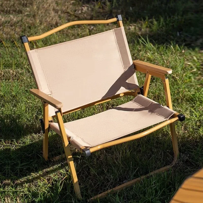 2PCS-khaki Camping Chair Portable Outdoor Chair Aluminum Alloy Wood Grain Folding Chair Camping Equipment Kermit Chair