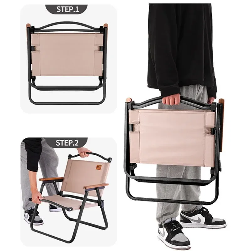2PCS-khaki Camping Chair Portable Outdoor Chair Aluminum Alloy Wood Grain Folding Chair Camping Equipment Kermit Chair