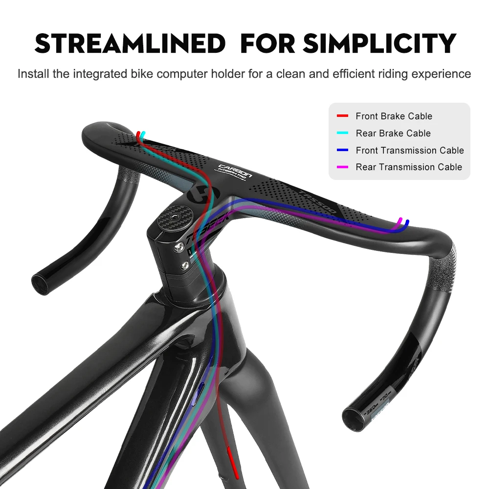 TOSEEK Bicycle Handlebar Drop Bar T800 Road Carbon Handlebar Integrated Road Handlebar Bent Bar Internal Cable Routing Bike Par
