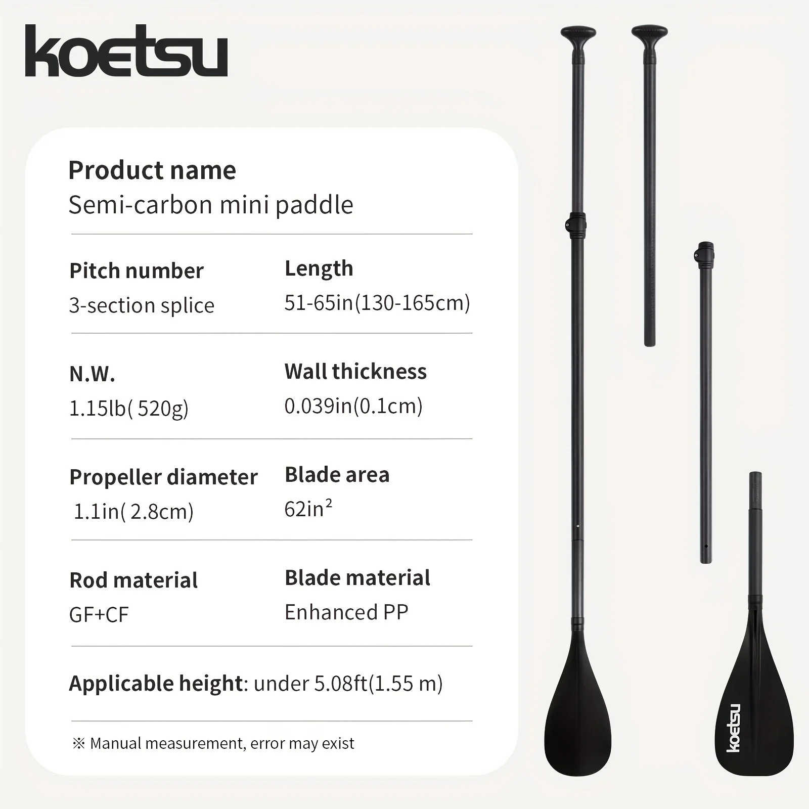 KOETSU Fiberglass-Carbon Hybrid Adjustable Paddle Ideal for SUP, Inflatable Paddleboards, Surfing & Kayaking
