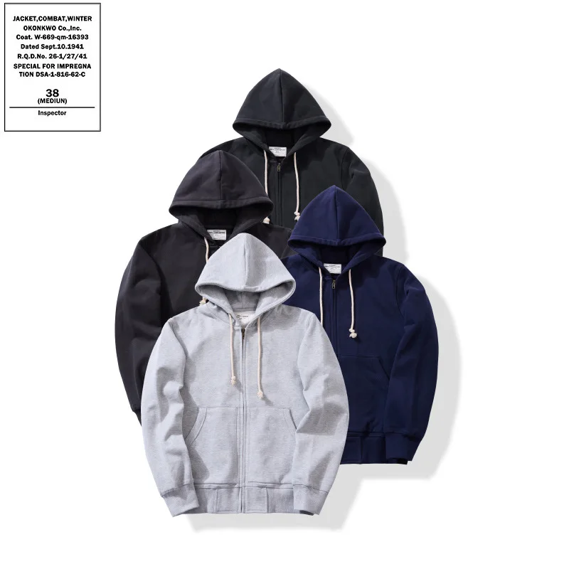 OKONKWO Heavyweight 500g Looped Bottom Solid Color Men's Women's Hooded Sweatshirt Zipper Hoodie Outdoor Travel Sports Cardigan