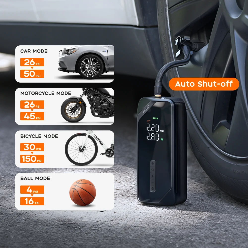 FLEXTAIL X VOLLYC 150PSI Tire Pump, Electric Tire Inflator for Car Bicycle Motorbike Balls, 4 Modes Fast Tire Inflation