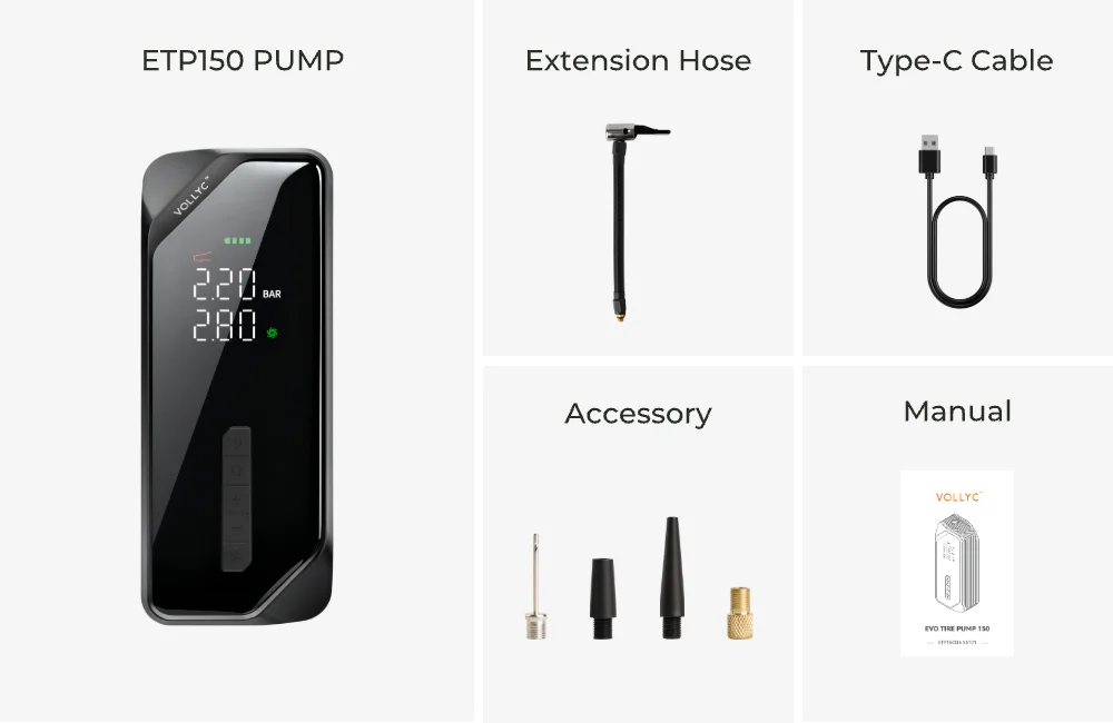 FLEXTAIL X VOLLYC 150PSI Tire Pump, Electric Tire Inflator for Car Bicycle Motorbike Balls, 4 Modes Fast Tire Inflation