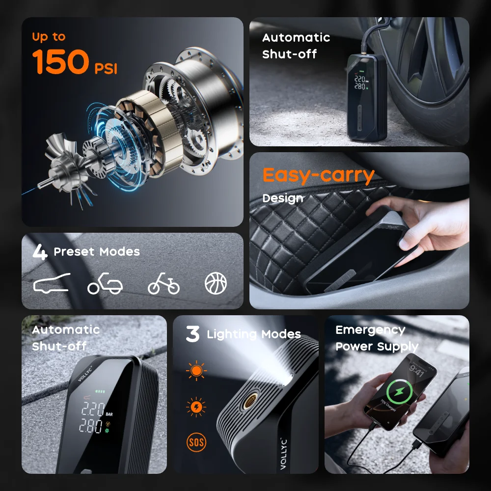 FLEXTAIL X VOLLYC 150PSI Tire Pump, Electric Tire Inflator for Car Bicycle Motorbike Balls, 4 Modes Fast Tire Inflation