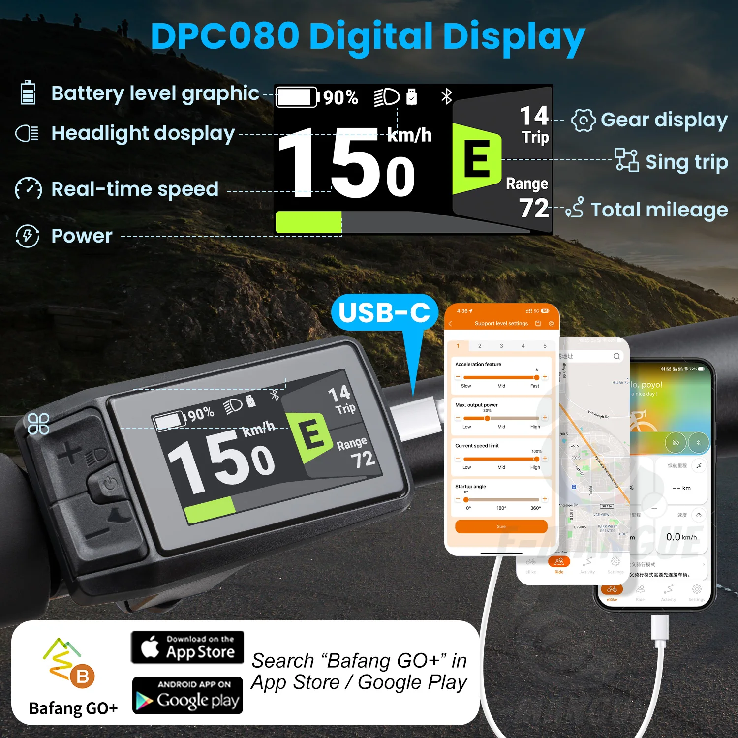 BAFANG Display C080 Bluetooth 1.9" TFT Screen Speedometer & Computer with Type-C Port for For BAFANG Motor CAN Protocol 5PIN