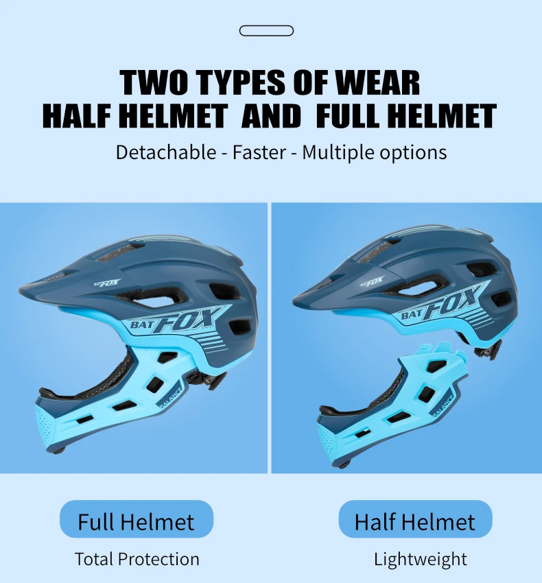 BATFOX Children Full Face Bike Helmet Removable Chin Balance Bike Skateboard Roller Skating Safety Cap Kids Bicycle Cycling Gear