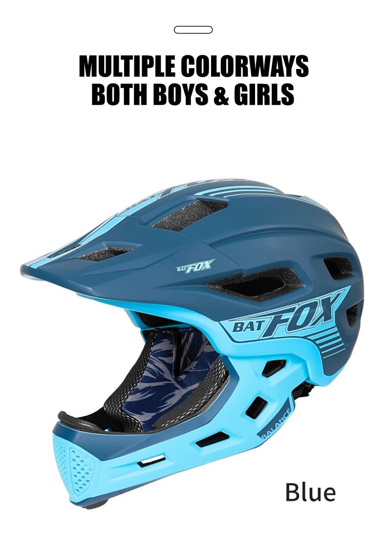 BATFOX Children Full Face Bike Helmet Removable Chin Balance Bike Skateboard Roller Skating Safety Cap Kids Bicycle Cycling Gear