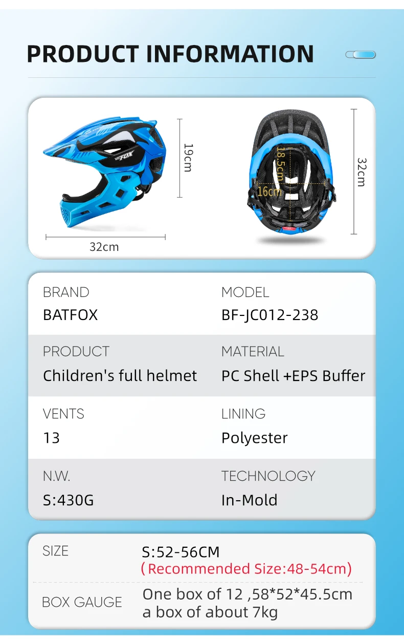 BATFOX Children Full Face Bike Helmet Removable Chin Balance Bike Skateboard Roller Skating Safety Cap Kids Bicycle Cycling Gear