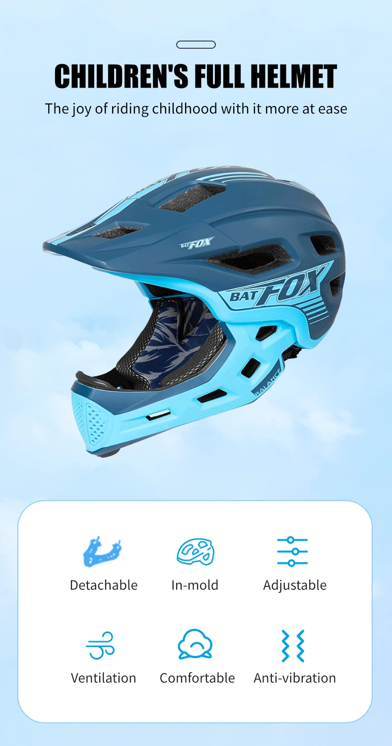 BATFOX Children Full Face Bike Helmet Removable Chin Balance Bike Skateboard Roller Skating Safety Cap Kids Bicycle Cycling Gear