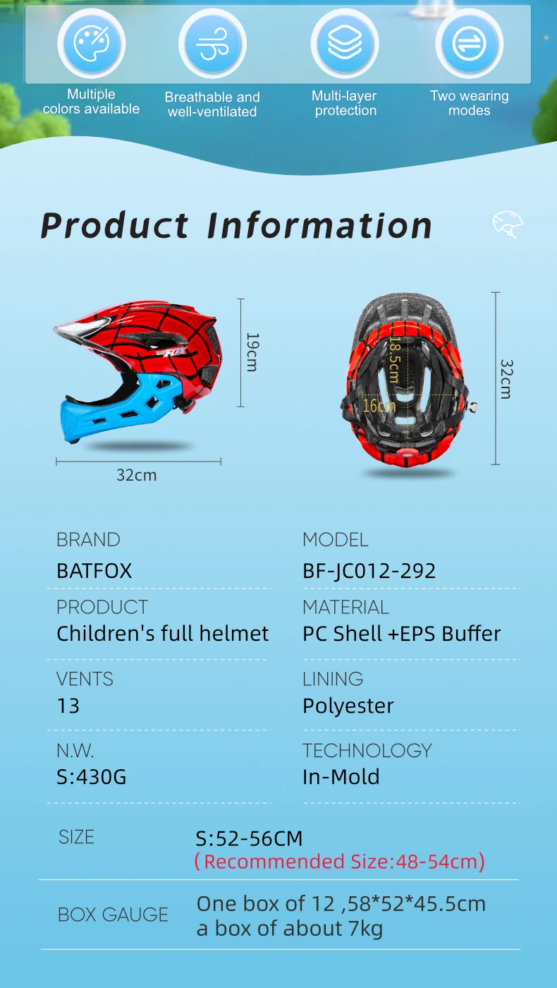 BATFOX Children Full Face Bike Helmet Removable Chin Balance Bike Skateboard Roller Skating Safety Cap Kids Bicycle Cycling Gear