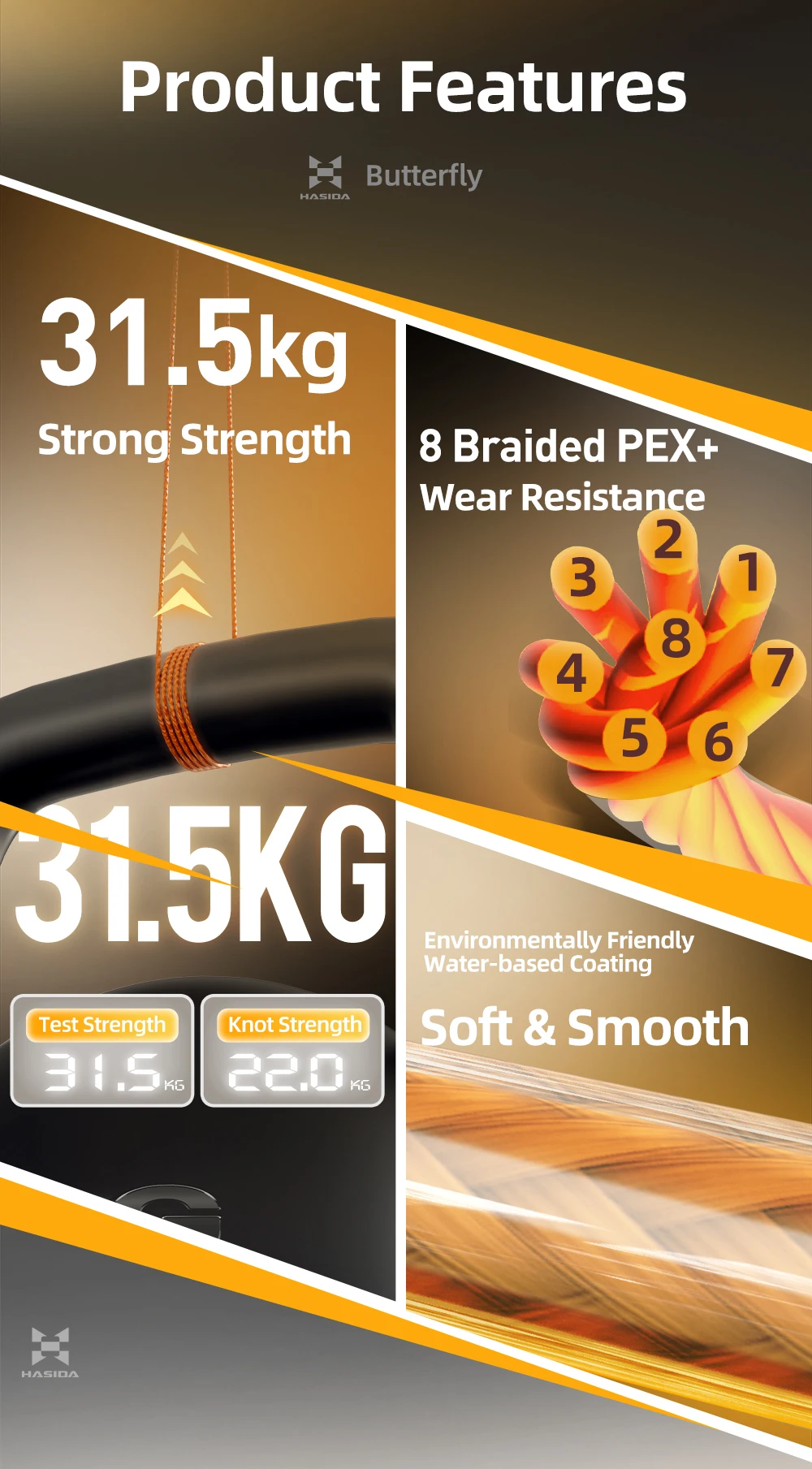 HASIDA Butterfly 100m 8 Strand Braided Fishing Line PE X8 Smooth Soft 0.6-5.0# Anti UV Multifilament Fishing Line