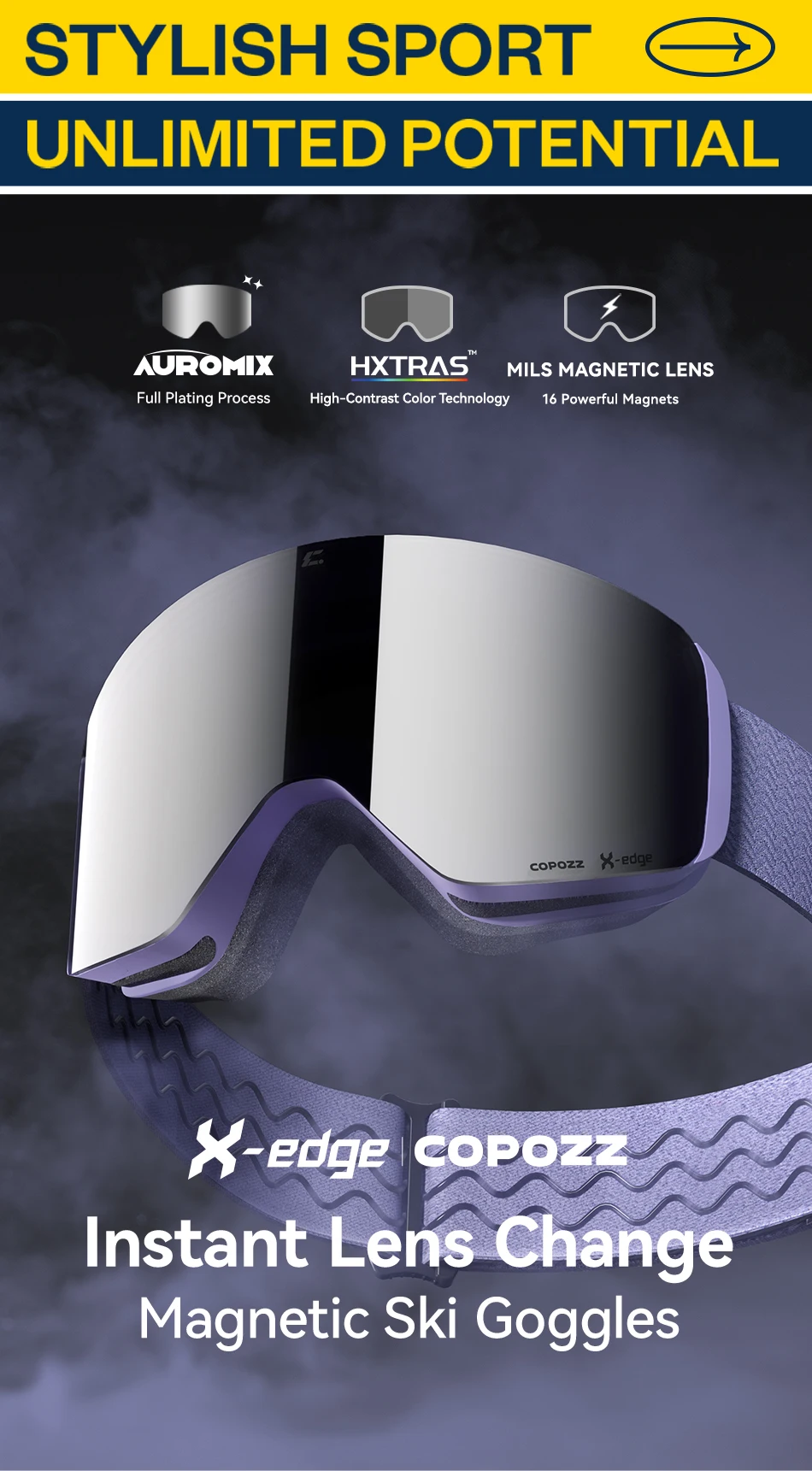 COPOZZ X-edge Series Men Women Double Layers Anti-Fog Ski Goggles Snowmobile Eyewear Snow Snowboard Glasses with Magnetic Lenses