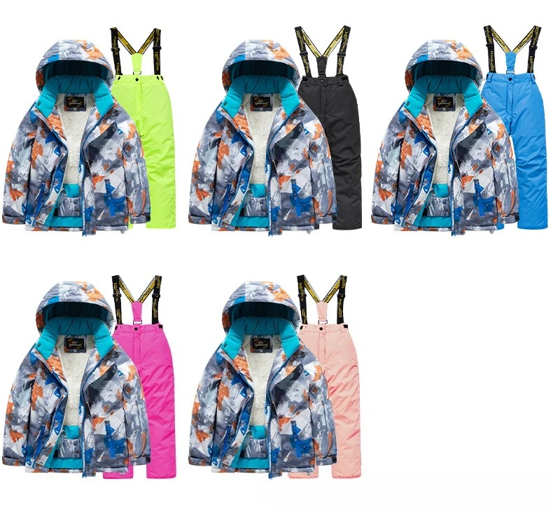 2026 New Children's Ski Suit Boys Girls Thickened Waterproof Warm Middle Older Kid's Baby Ski Clothes Full Set of Equipment