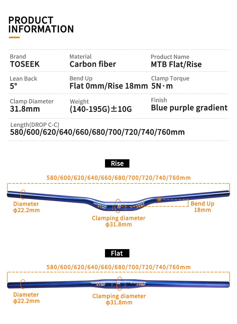 TOSEEK Chameleon Color Carbon Fiber Mountain Bike Handlebar Riser Handlebar Flat Handlebar Bicycle Accessories Light & Strong