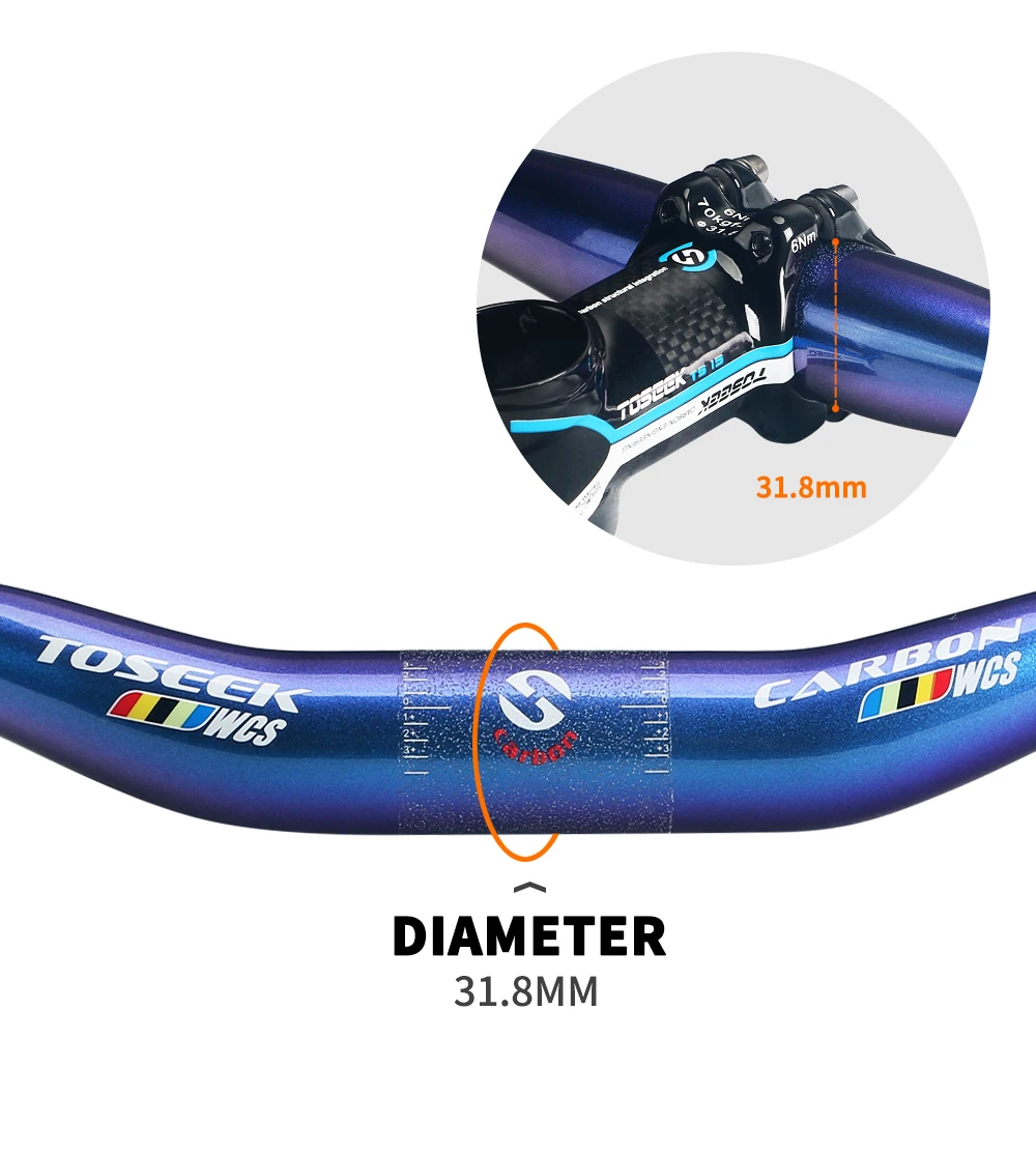 TOSEEK Chameleon Color Carbon Fiber Mountain Bike Handlebar Riser Handlebar Flat Handlebar Bicycle Accessories Light & Strong