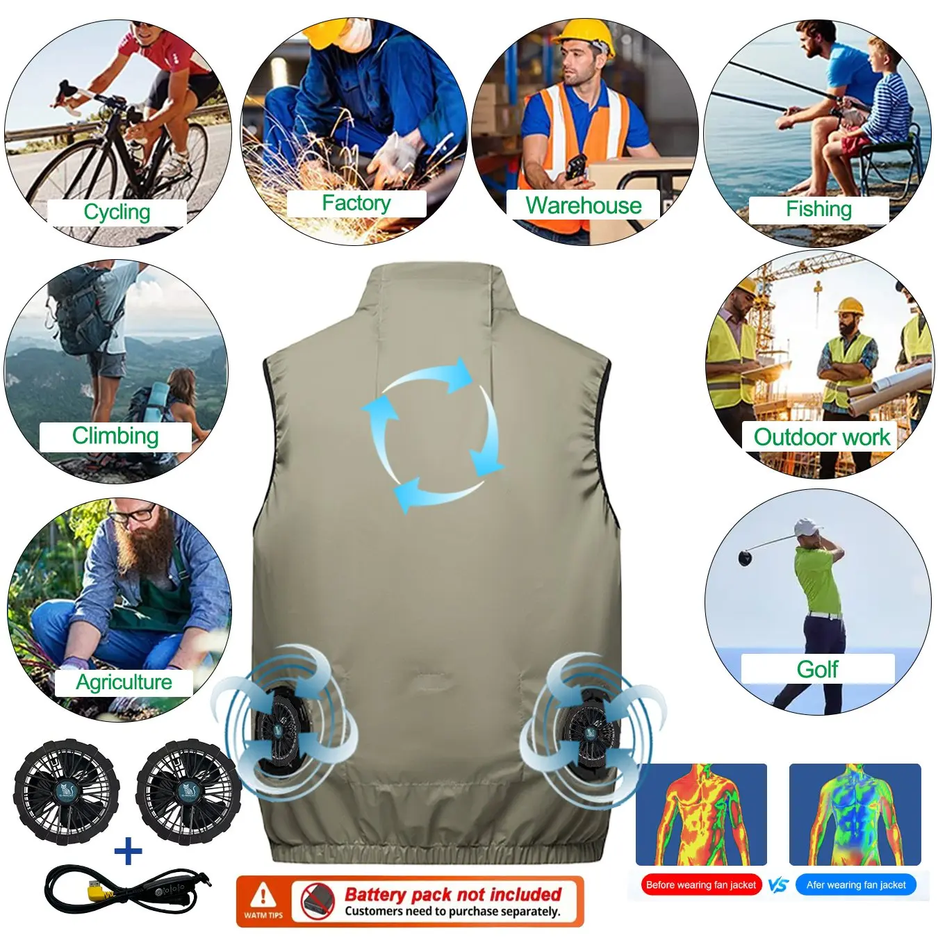 Men's Khaki Cooling 2-3-4 Fans Vest USB Air Conditioning Jacket Short Sleeve Outdoor Fishing Work Heat Protection Cooling Clothe
