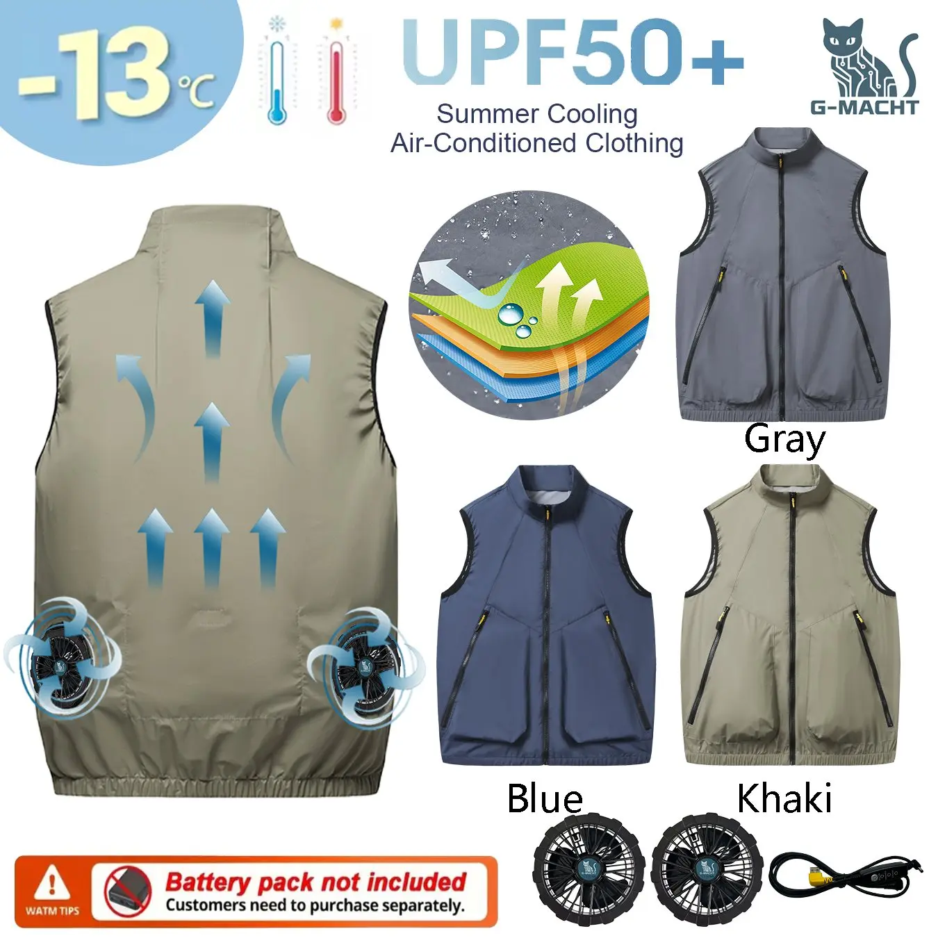Men's Khaki Cooling 2-3-4 Fans Vest USB Air Conditioning Jacket Short Sleeve Outdoor Fishing Work Heat Protection Cooling Clothe