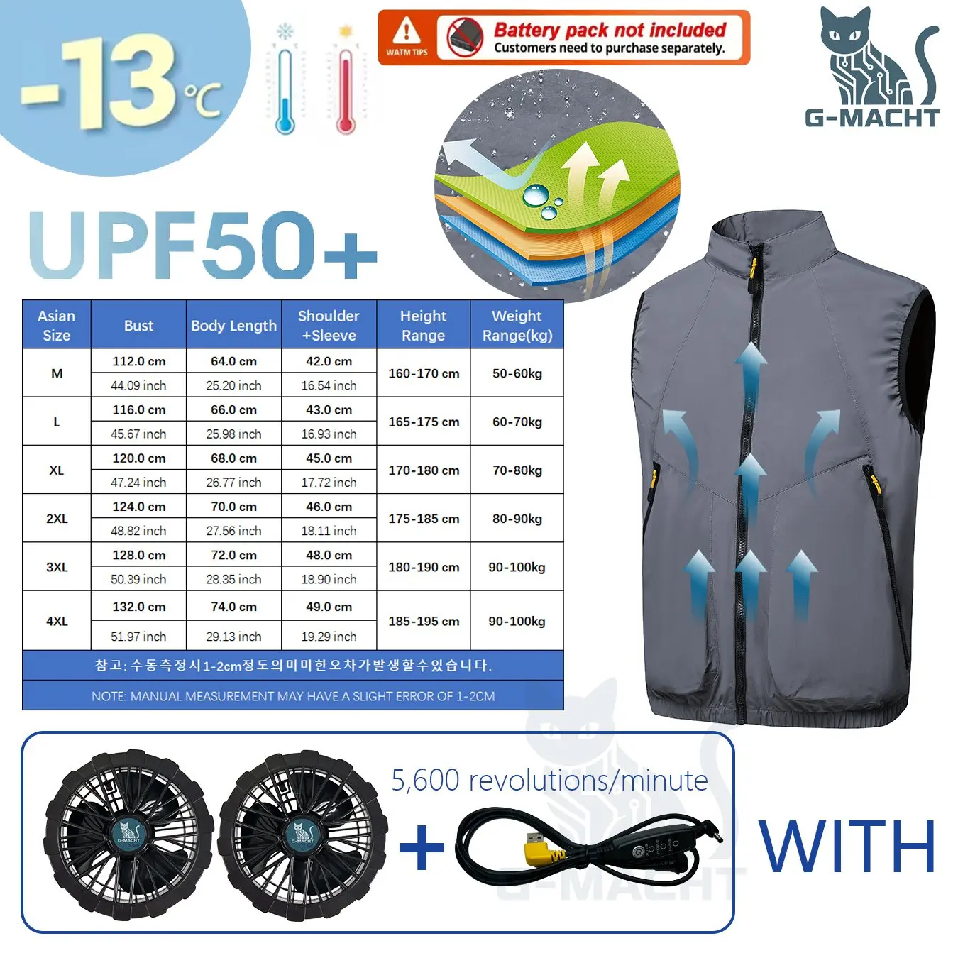 Men's Khaki Cooling 2-3-4 Fans Vest USB Air Conditioning Jacket Short Sleeve Outdoor Fishing Work Heat Protection Cooling Clothe