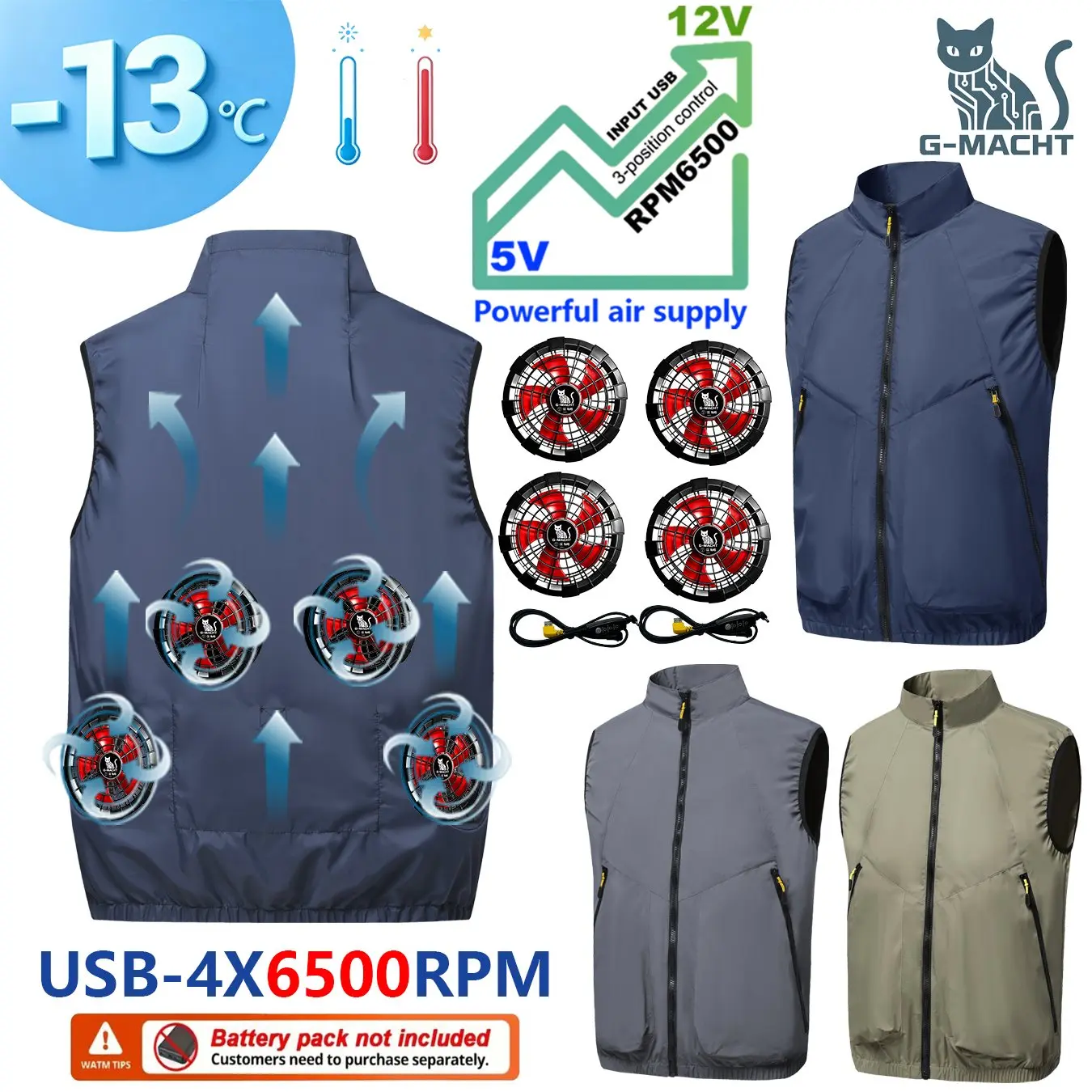 Men's Khaki Cooling 2-3-4 Fans Vest USB Air Conditioning Jacket Short Sleeve Outdoor Fishing Work Heat Protection Cooling Clothe
