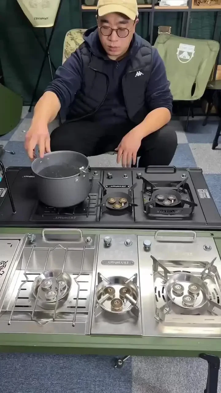 8000W IGT Gas Sinking Stove 3 Burner Stainless Steel Portable Camping Stove Desktop Brazier Grill Windproof Butane Propane