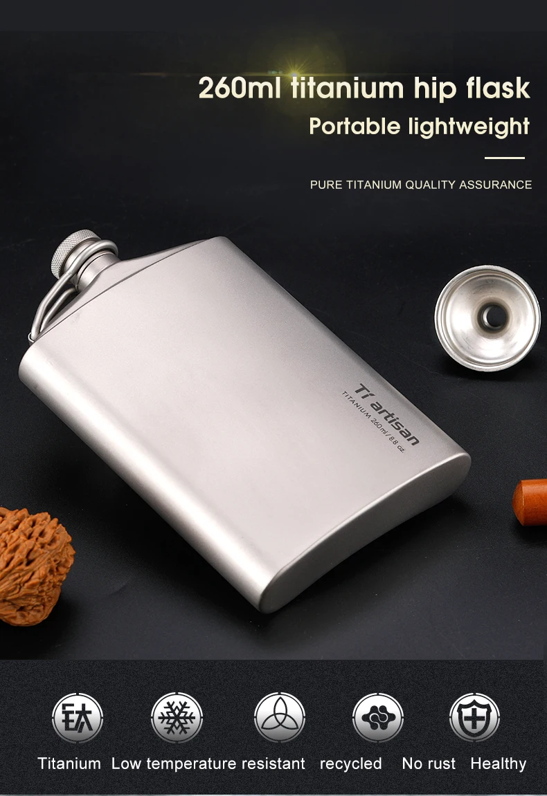 Tiartisan Titanium 260ml Alcohol Flask Outdoor Camping Ultralight Portable Whiskey Wine Bottle With Funnel