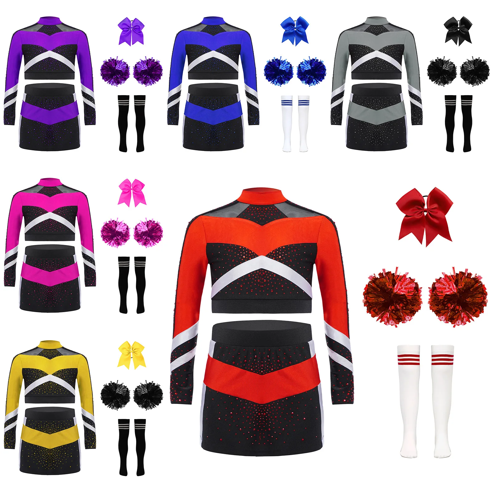Children Cheer Dance Outfits Schoolgirls Cheerleader Costumes Cheerleading Suits Kids Cheering Team Uniforms with Flower Balls