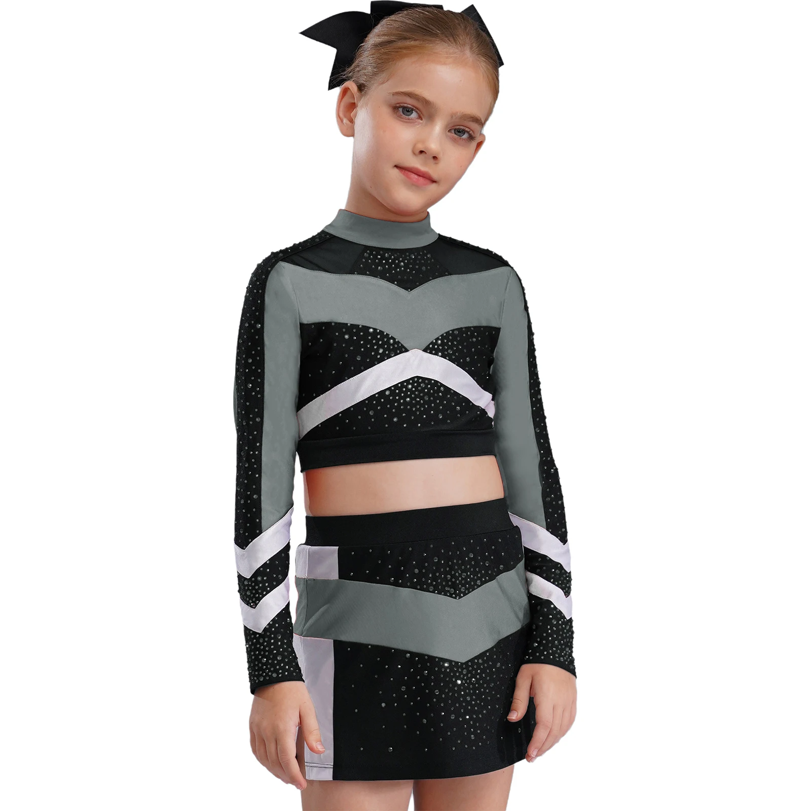 Children Cheer Dance Outfits Schoolgirls Cheerleader Costumes Cheerleading Suits Kids Cheering Team Uniforms with Flower Balls