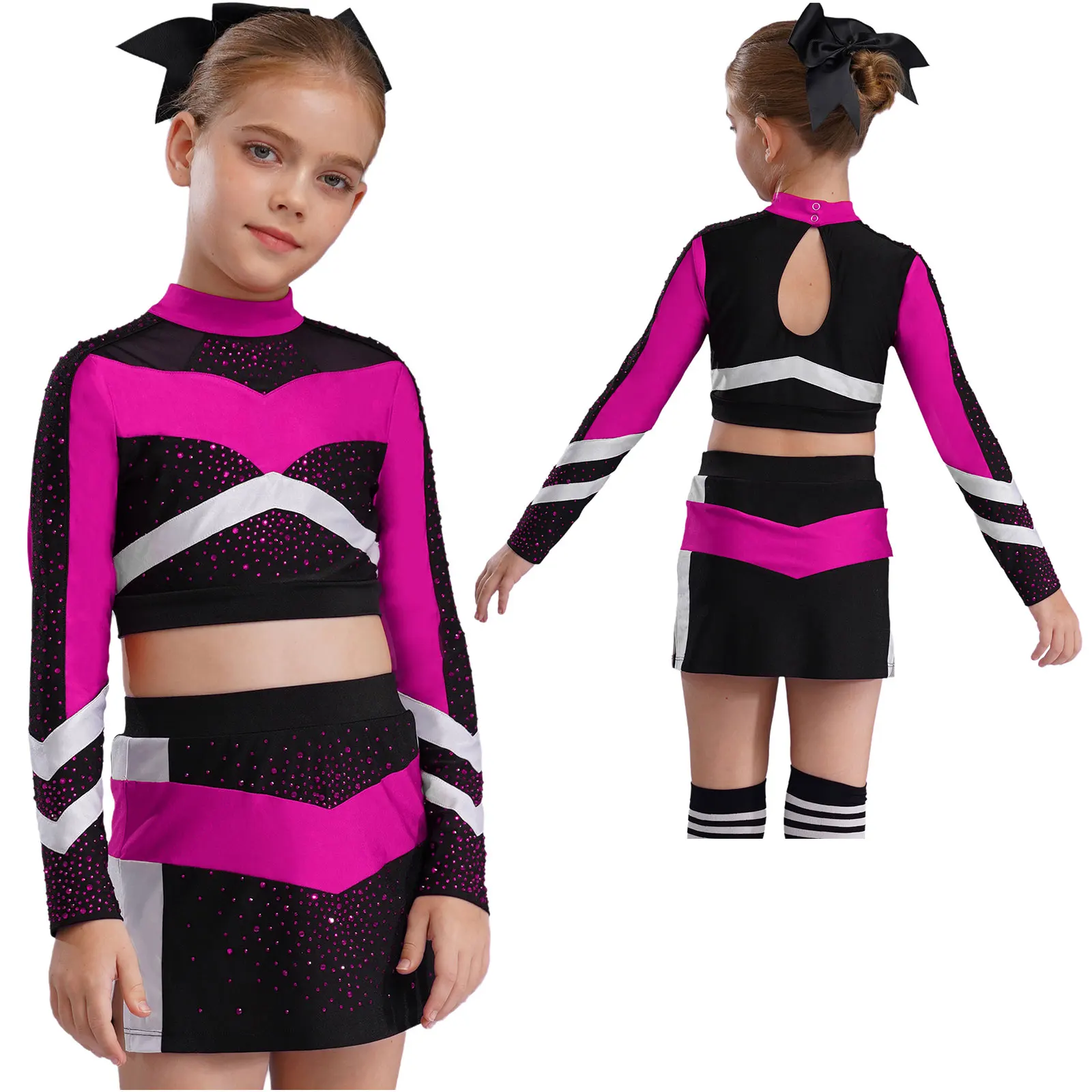 Children Cheer Dance Outfits Schoolgirls Cheerleader Costumes Cheerleading Suits Kids Cheering Team Uniforms with Flower Balls