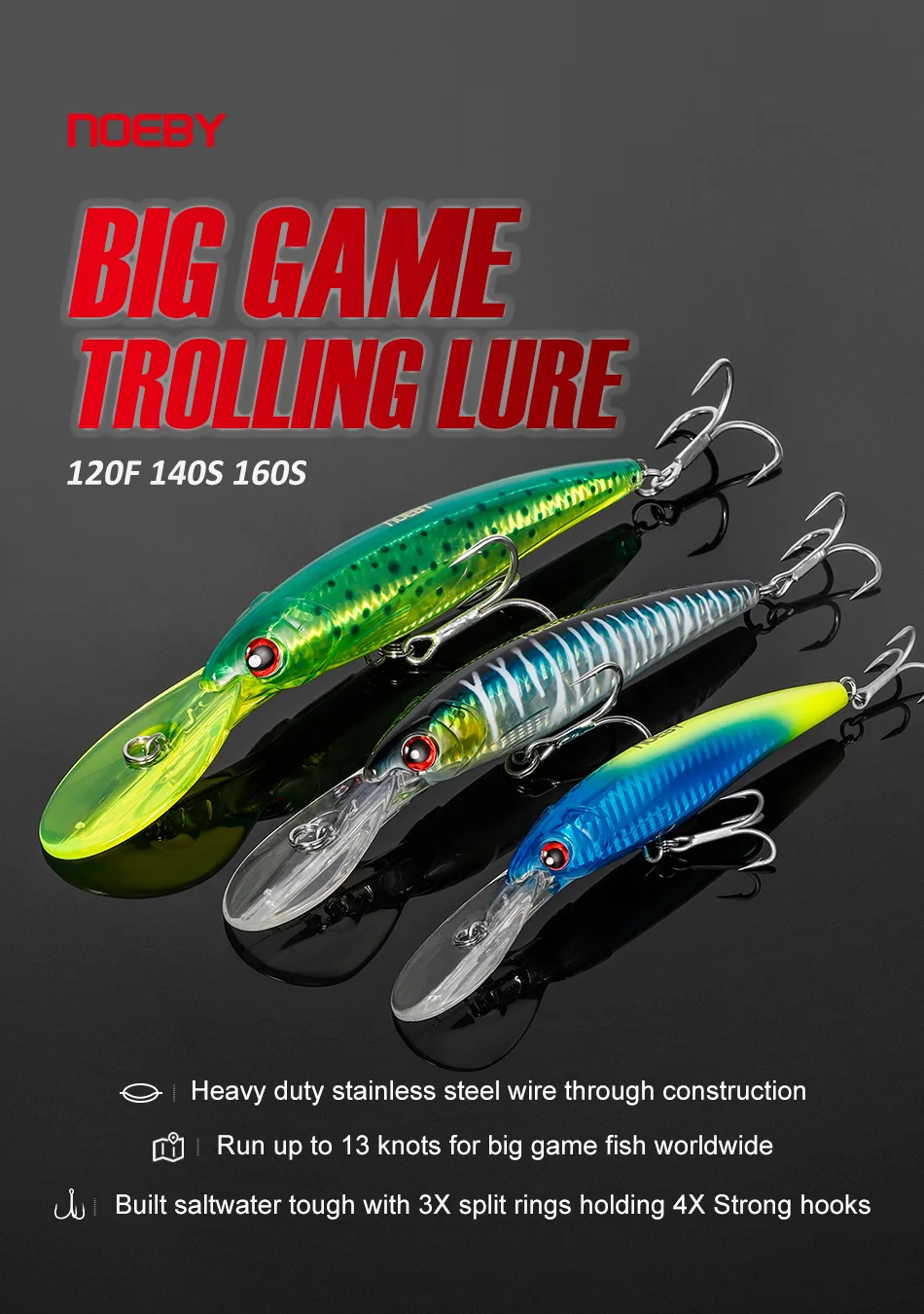 NOEBY NBL9046 3PCS Set Trolling Minnow Lure 120mm 140mm 160mm Deep Diving Hard Bait Tuna GT Big Game Saltwater