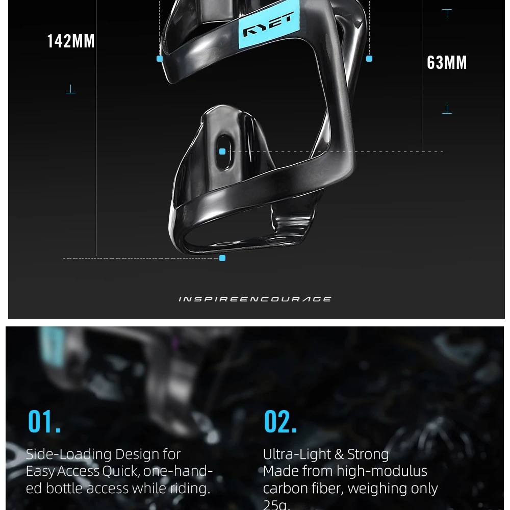 RYET Full Carbon Bike Bottle Cage 25g Ultra Light Side-Loading Design with Rainbow Screw for Road MTB Cycling