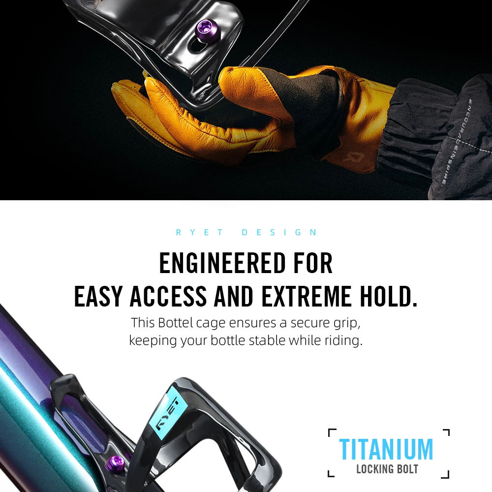 RYET Full Carbon Bike Bottle Cage 25g Ultra Light Side-Loading Design with Rainbow Screw for Road MTB Cycling