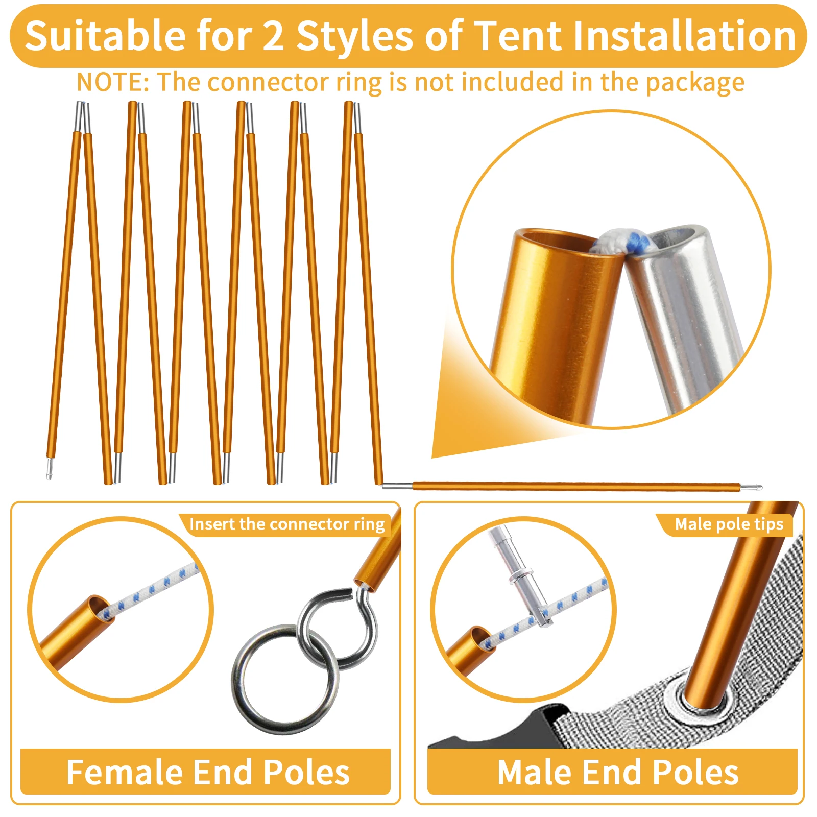 2pcs/pair Camping Tent Poles Aluminum Replacement Fittings 3.6m 4.3m Support Poles Outdoor Tent Rods Camping Repair Accessories