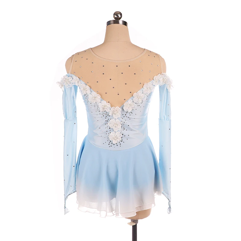 Figure Skating Competition Training Dress Customized Girls' Light Blue Long Sleeve Artistic Gymnastics Performance White Flowers
