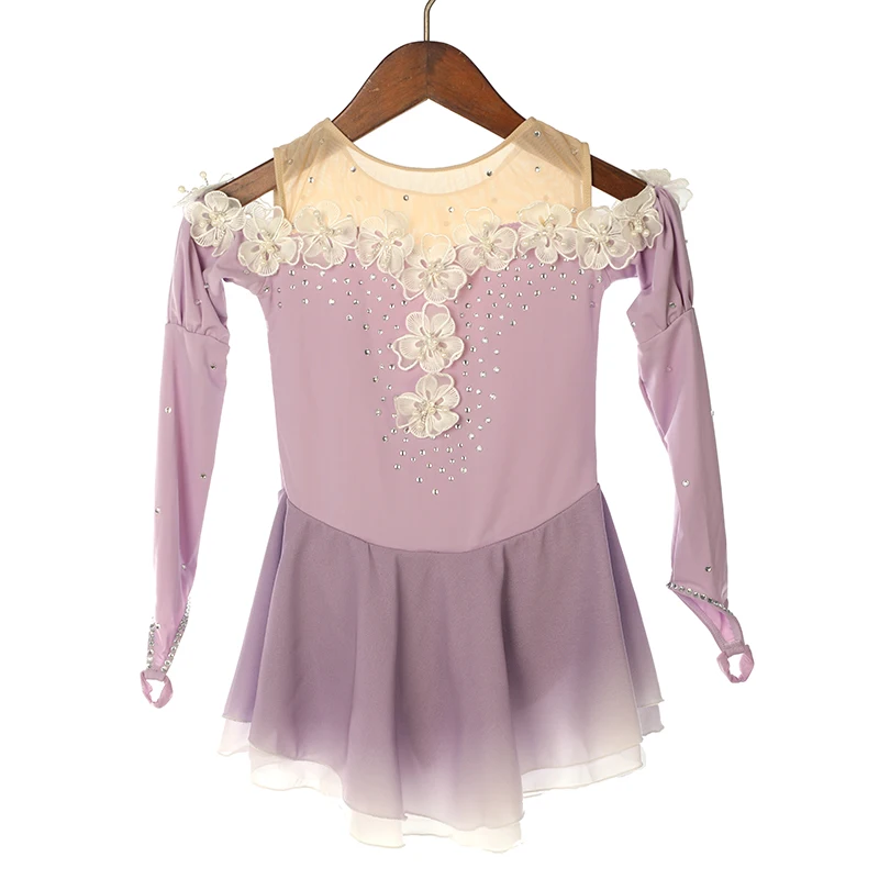 Figure Skating Competition Training Dress Customized Girls' Light Blue Long Sleeve Artistic Gymnastics Performance White Flowers