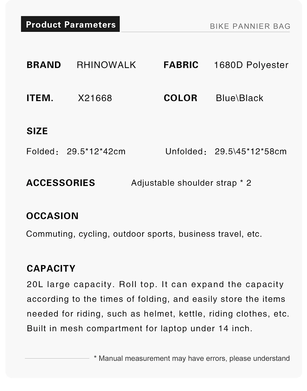 Rhinowalk Bicycle Bag&Pannier 100% Fully Waterproof 27L Big Bike Bag Capacity Multifunctional Rear Rack Pannier Bag Cycling Bags