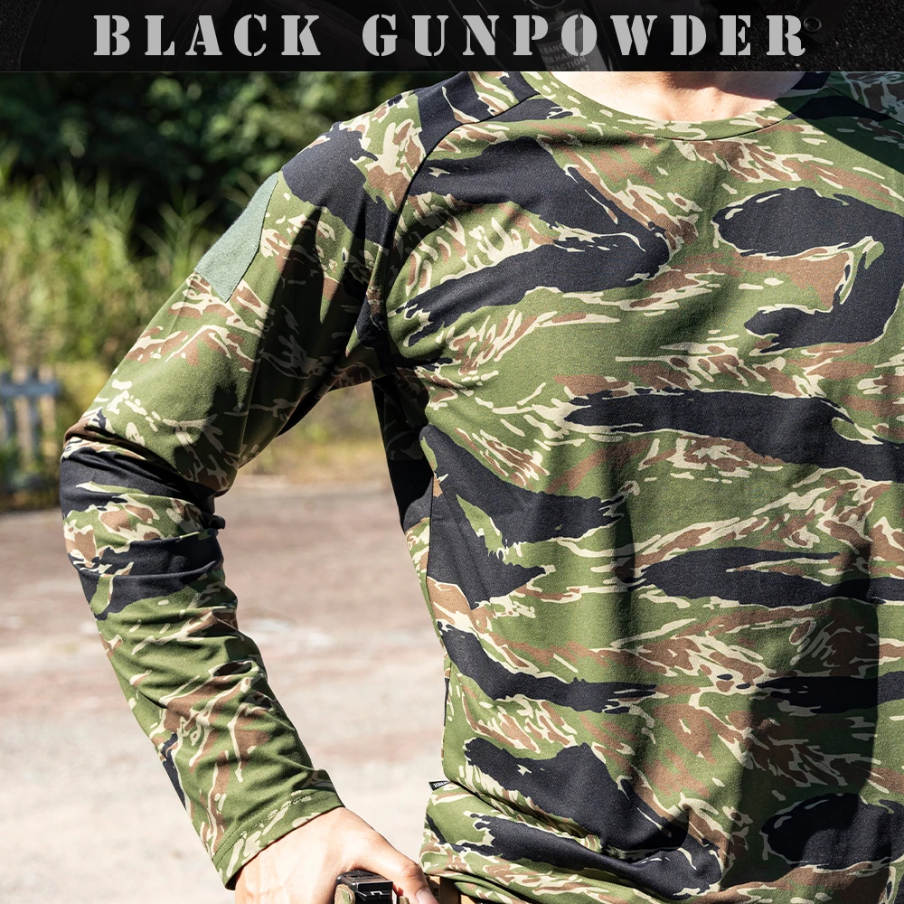Tiger Stripe Camo Long Sleeve Tactical Shirt UPF50+ Sun Protection High Elastic Morale Patch Hiking Hunting