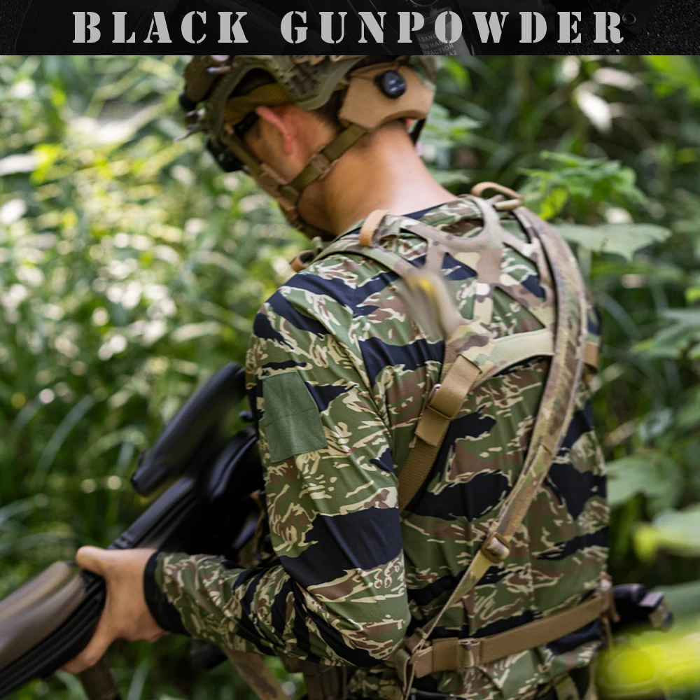 Tiger Stripe Camo Long Sleeve Tactical Shirt UPF50+ Sun Protection High Elastic Morale Patch Hiking Hunting