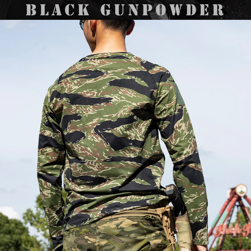Tiger Stripe Camo Long Sleeve Tactical Shirt UPF50+ Sun Protection High Elastic Morale Patch Hiking Hunting