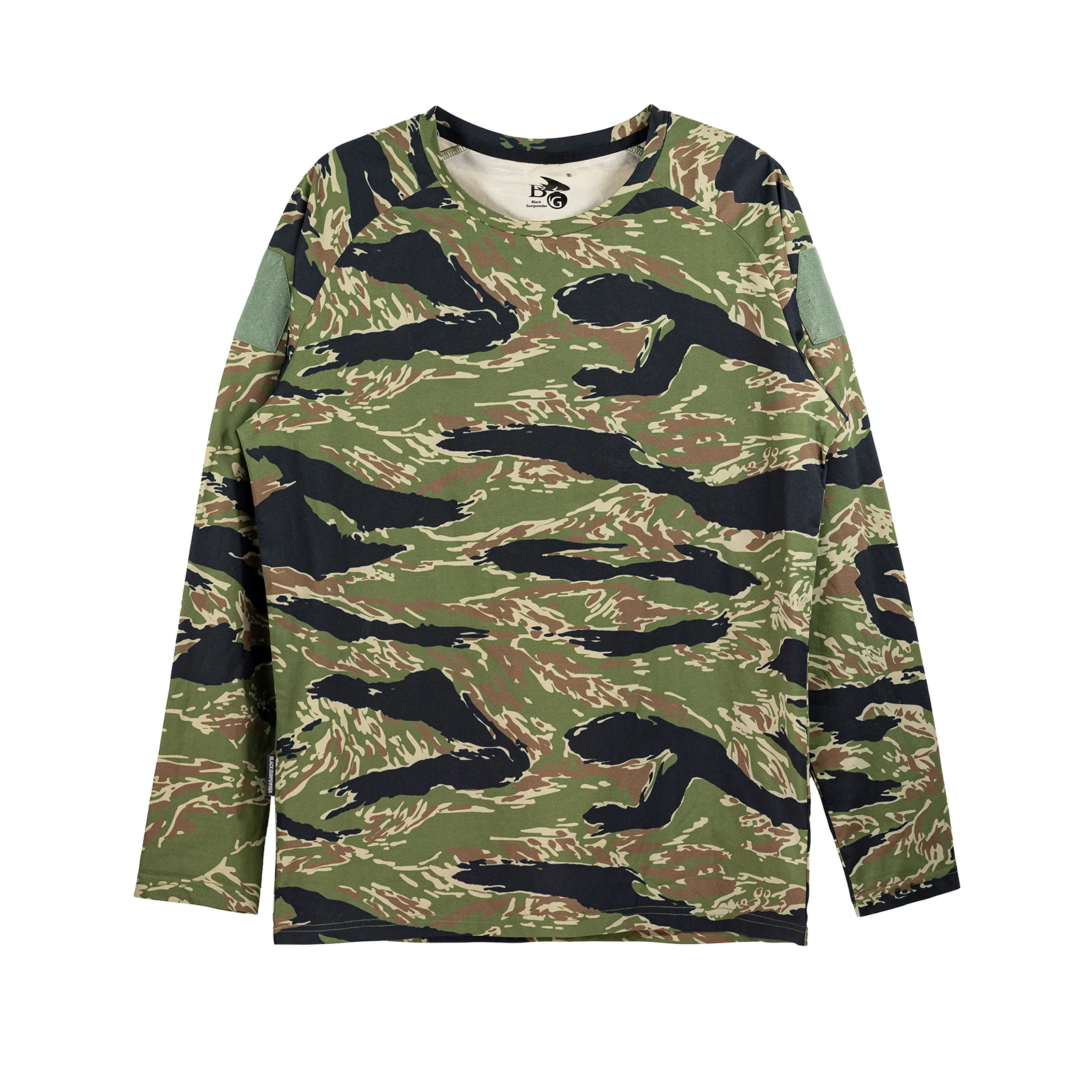 Tiger Stripe Camo Long Sleeve Tactical Shirt UPF50+ Sun Protection High Elastic Morale Patch Hiking Hunting