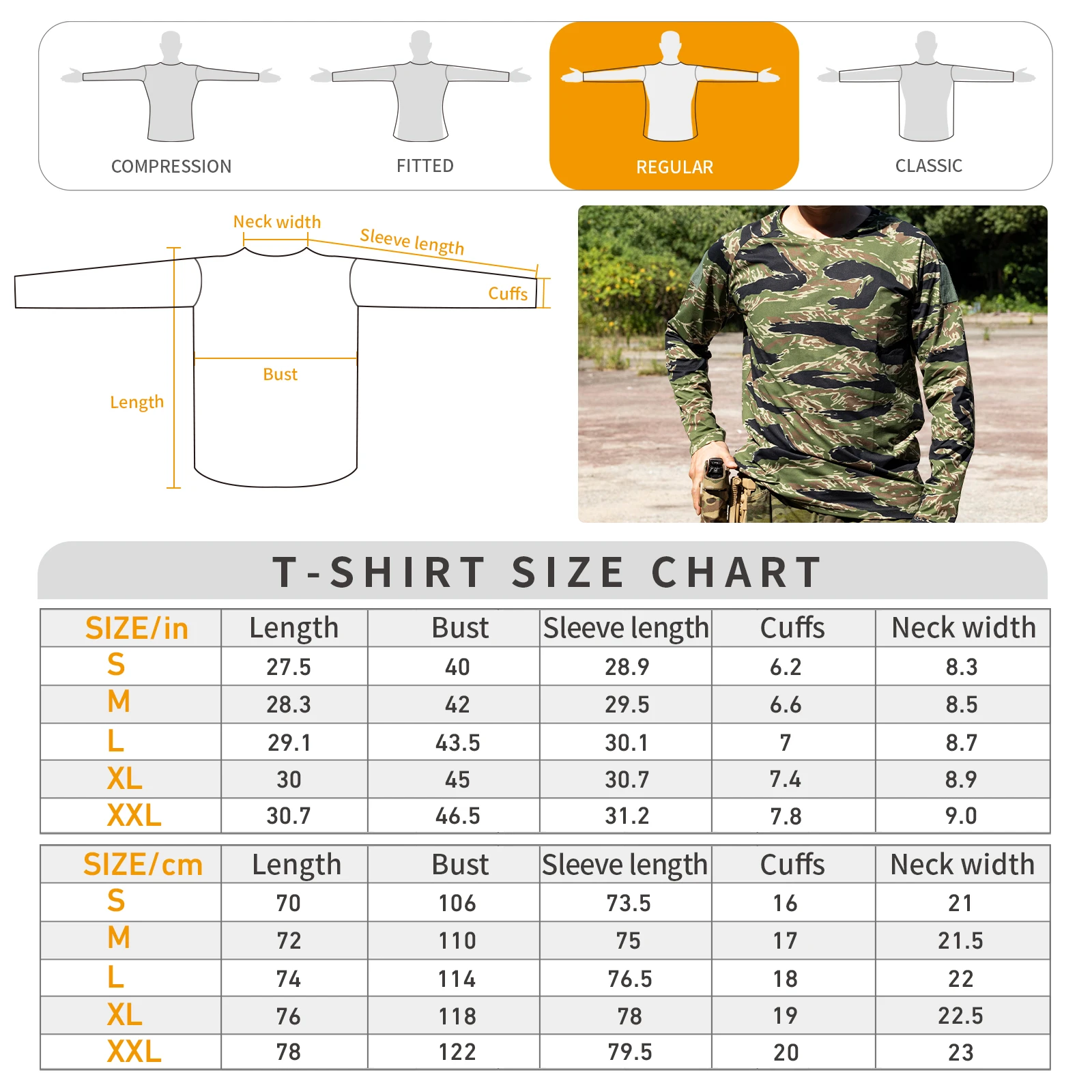 Tiger Stripe Camo Long Sleeve Tactical Shirt UPF50+ Sun Protection High Elastic Morale Patch Hiking Hunting
